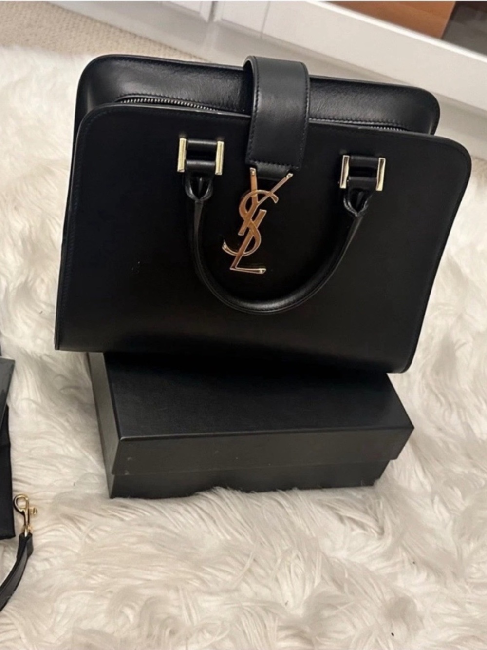 Saint Laurent Black YSL Monogram Cabas Top Handle Satchel Gold, Strap Dust Bag